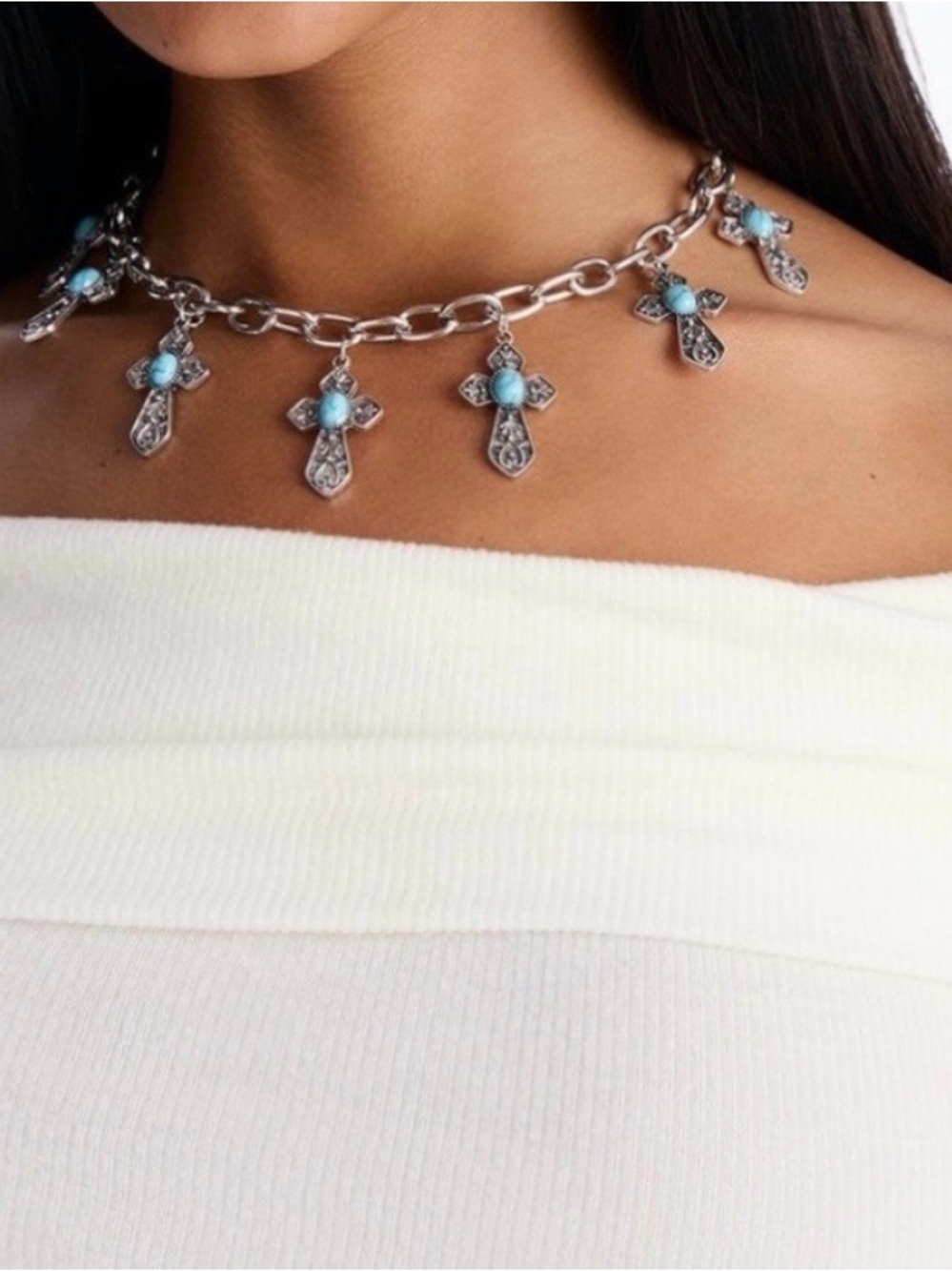 Silver Chain Choker Necklace with Turquoise Cross Charms - Women Jewelry